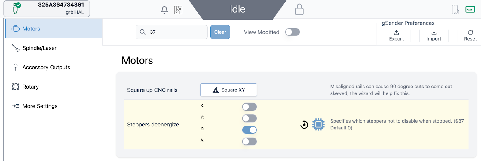 steppers deenergize setting